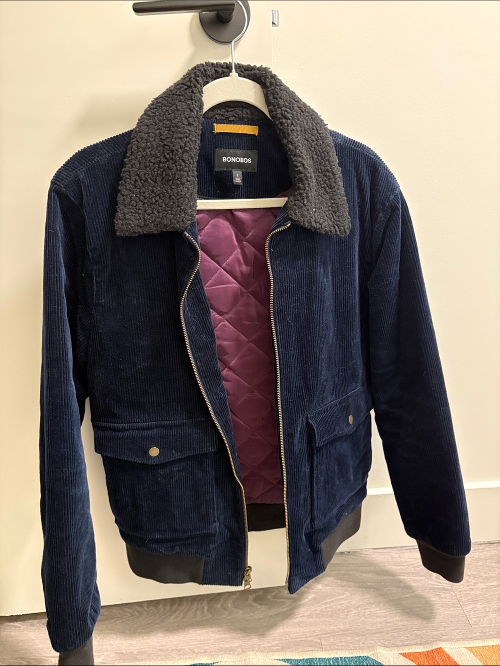 Bonobos Navy Corduroy Bomber Jacket with Gray Sherpa Collar and Burgundy Lining